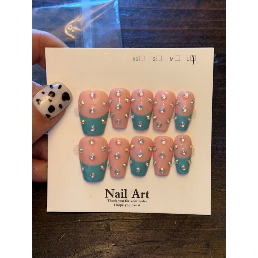 Blue French Tip Rhinestone Square Press On Nails Size Large